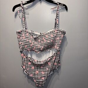 Decree Black Gingham With Pink‎ Flowers women`s swimsuit Size XL
